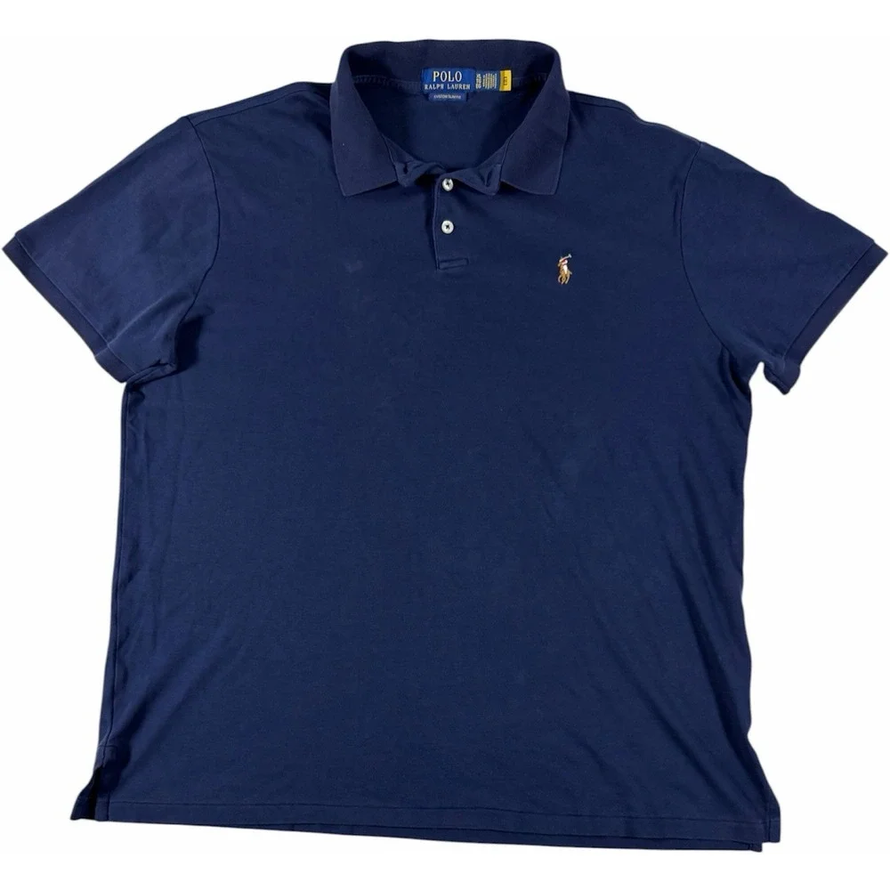 Polo Ralph Lauren Custom Slim Fit Polo Shirt Mens XL Blue Cotton Mesh Brown Pony